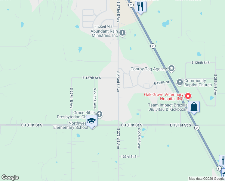 map of restaurants, bars, coffee shops, grocery stores, and more near 11900 South 275th East Avenue in Coweta