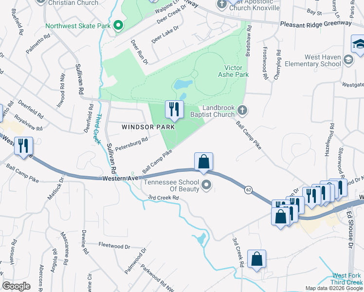 map of restaurants, bars, coffee shops, grocery stores, and more near 4909 Ball Camp Pike in Knoxville