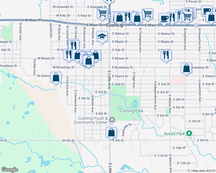 map of restaurants, bars, coffee shops, grocery stores, and more near 423 East 2nd Street in Cushing