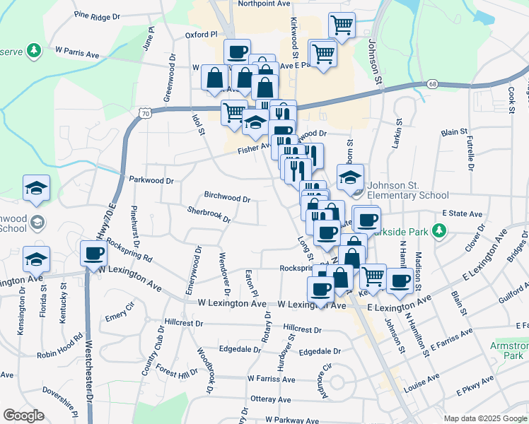 map of restaurants, bars, coffee shops, grocery stores, and more near 1602 Laurel Lane in High Point