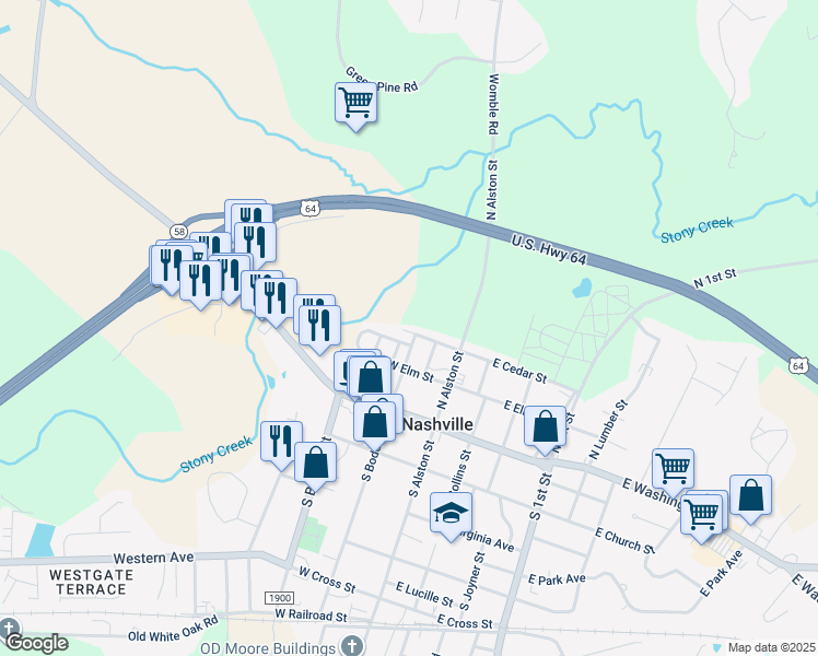 map of restaurants, bars, coffee shops, grocery stores, and more near 202 West Cedar Street in Nashville