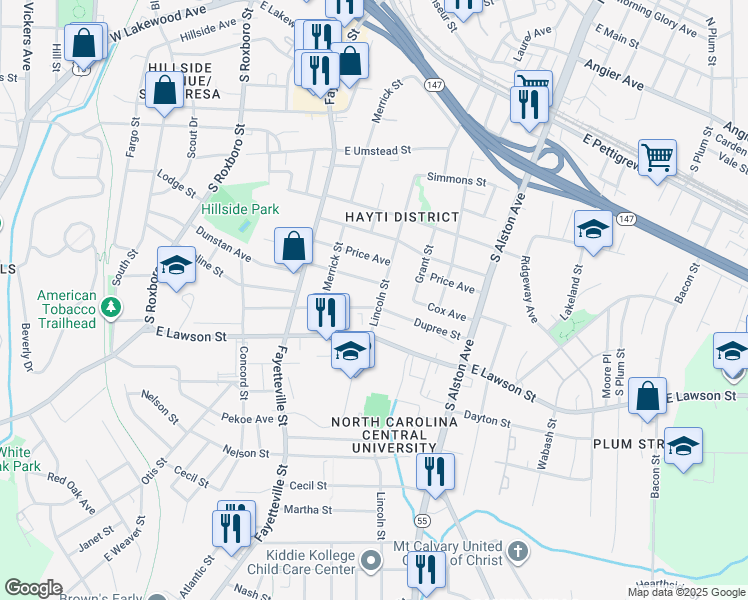 map of restaurants, bars, coffee shops, grocery stores, and more near 1608 Lincoln Street in Durham
