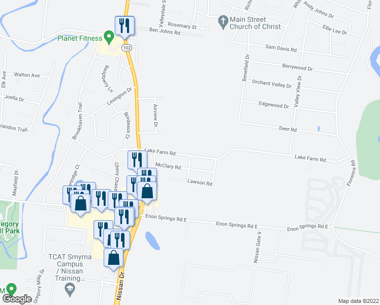 map of restaurants, bars, coffee shops, grocery stores, and more near 321 Lake Farm Road in Smyrna
