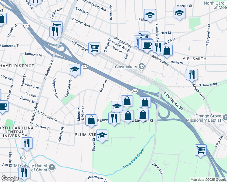 map of restaurants, bars, coffee shops, grocery stores, and more near 611 Troy Street in Durham