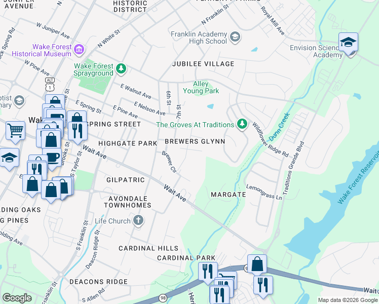 map of restaurants, bars, coffee shops, grocery stores, and more near 802 Brewers Glynn Court in Wake Forest
