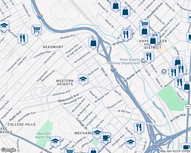 map of restaurants, bars, coffee shops, grocery stores, and more near 909 Belleaire Avenue in Knoxville