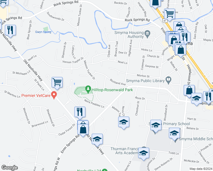 map of restaurants, bars, coffee shops, grocery stores, and more near 128 Stokes Drive in Smyrna
