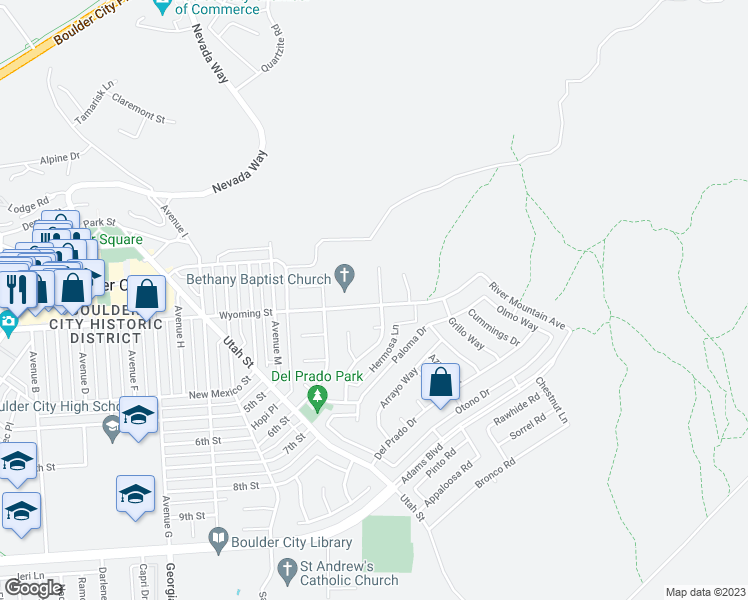 map of restaurants, bars, coffee shops, grocery stores, and more near in Boulder City