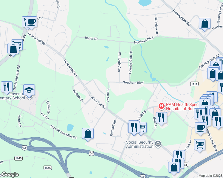 map of restaurants, bars, coffee shops, grocery stores, and more near 1009 Bunn Avenue in Rocky Mount