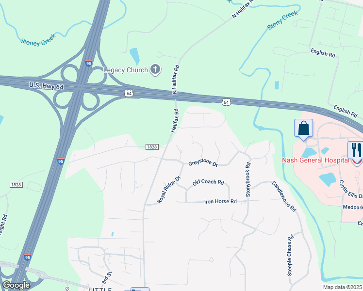 map of restaurants, bars, coffee shops, grocery stores, and more near 113 Southwick Court in Rocky Mount