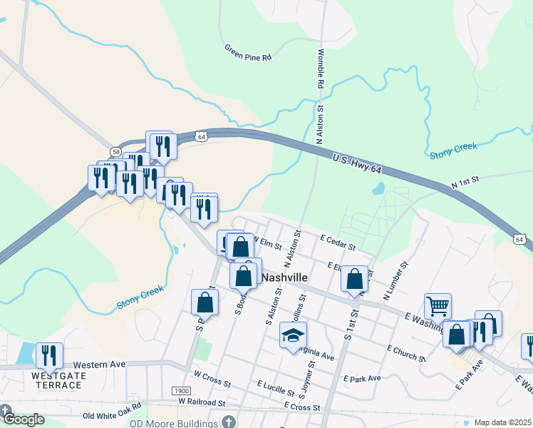 map of restaurants, bars, coffee shops, grocery stores, and more near 202 West Cedar Street in Nashville