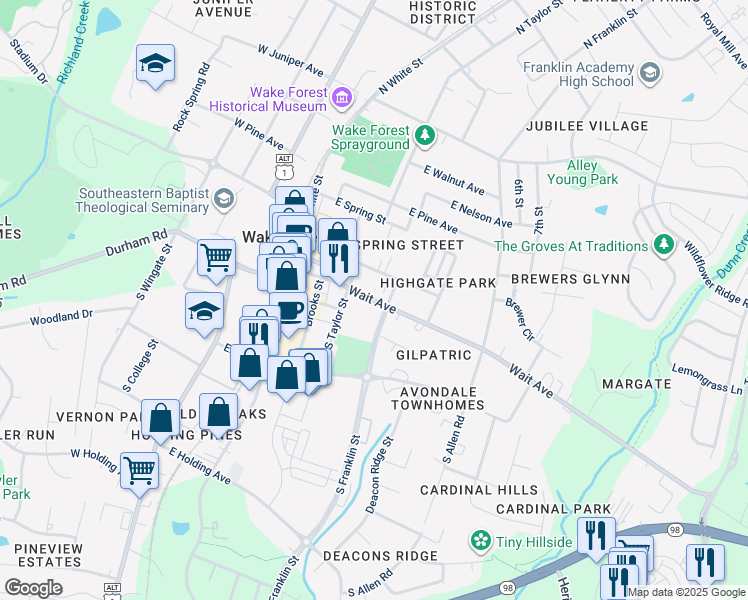 map of restaurants, bars, coffee shops, grocery stores, and more near 435 Wait Avenue in Wake Forest