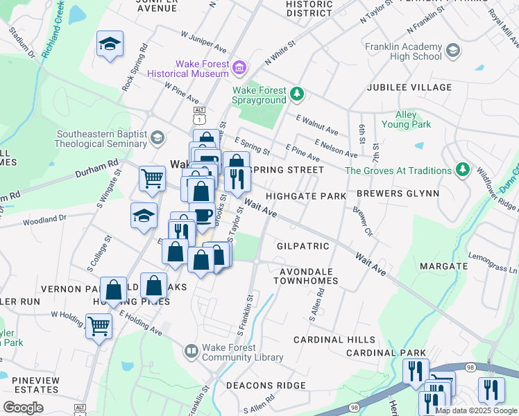 map of restaurants, bars, coffee shops, grocery stores, and more near 435 Wait Avenue in Wake Forest