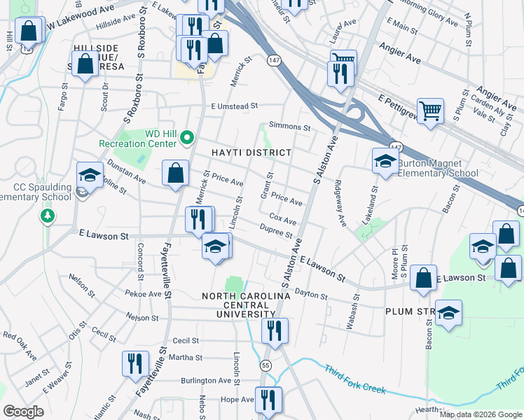 map of restaurants, bars, coffee shops, grocery stores, and more near 800 Cox Avenue in Durham