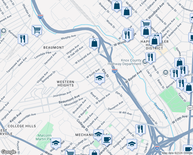 map of restaurants, bars, coffee shops, grocery stores, and more near 909 Belleaire Avenue in Knoxville