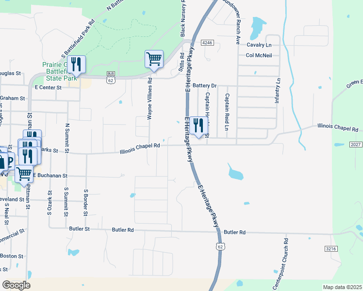 map of restaurants, bars, coffee shops, grocery stores, and more near 931 Illinois Chapel Road in Prairie Grove