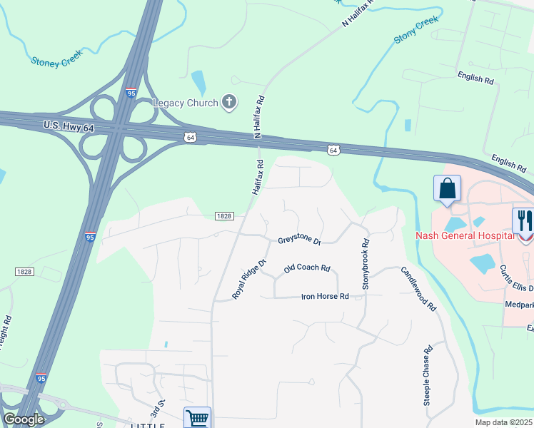 map of restaurants, bars, coffee shops, grocery stores, and more near 113 Southwick Court in Rocky Mount