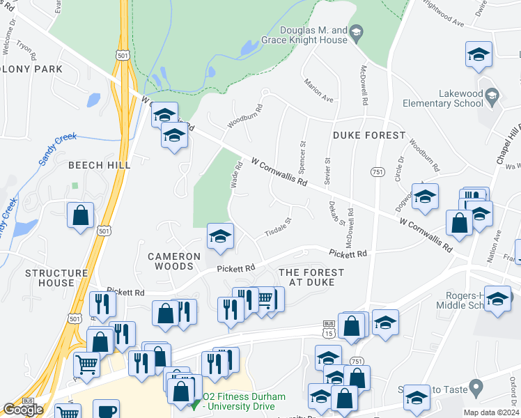 map of restaurants, bars, coffee shops, grocery stores, and more near 8 Womble Circle in Durham