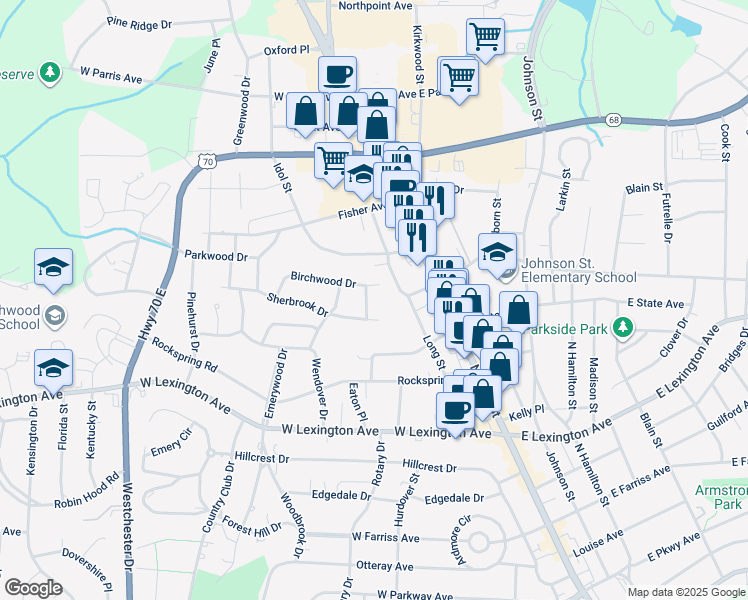 map of restaurants, bars, coffee shops, grocery stores, and more near 1604 Laurel Lane in High Point