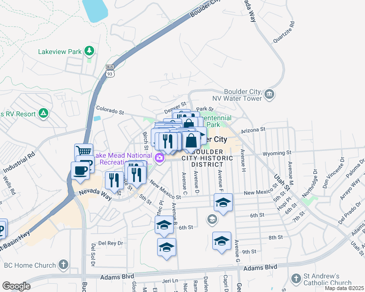 map of restaurants, bars, coffee shops, grocery stores, and more near 1305 Arizona Street in Boulder City