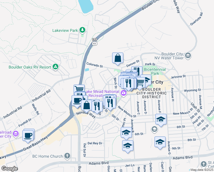 map of restaurants, bars, coffee shops, grocery stores, and more near 504 Cherry Street in Boulder City