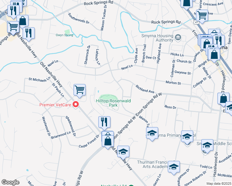 map of restaurants, bars, coffee shops, grocery stores, and more near 105 Mission Court in Smyrna