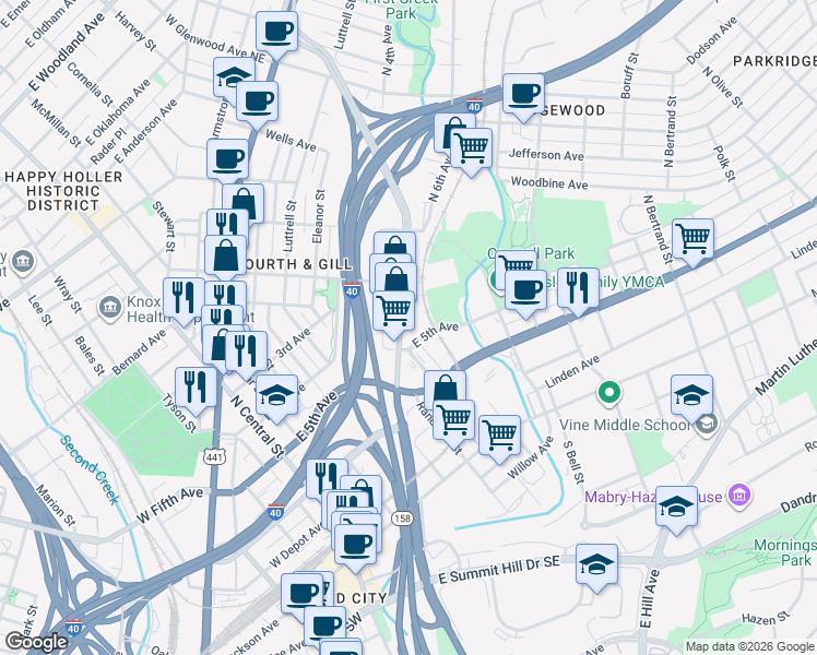 map of restaurants, bars, coffee shops, grocery stores, and more near 801 East 5th Avenue in Knoxville