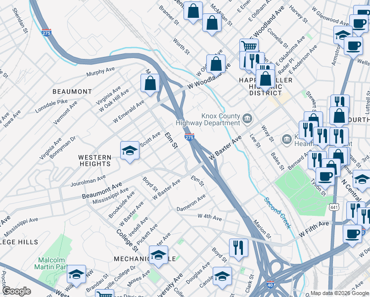 map of restaurants, bars, coffee shops, grocery stores, and more near 714 Sidebrook Avenue in Knoxville
