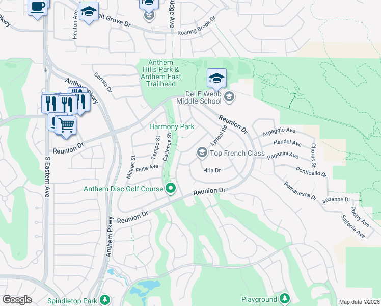 map of restaurants, bars, coffee shops, grocery stores, and more near 2285 Moresca Avenue in Henderson