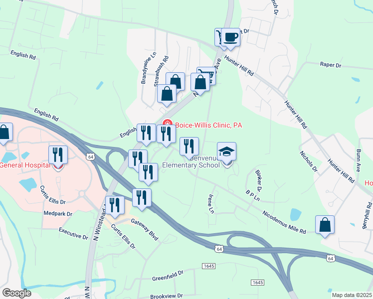 map of restaurants, bars, coffee shops, grocery stores, and more near 804 English Road in Rocky Mount