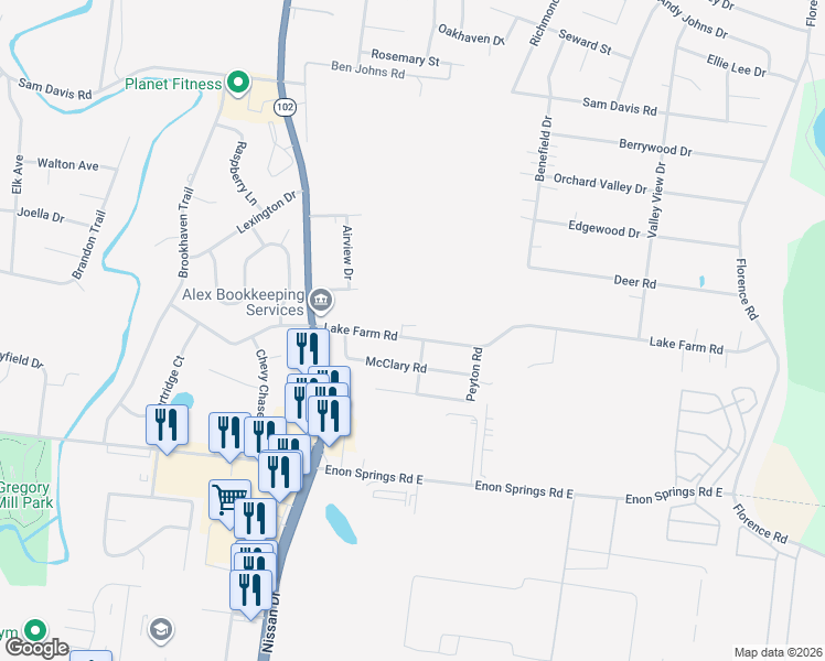 map of restaurants, bars, coffee shops, grocery stores, and more near 321 Lake Farm Road in Smyrna