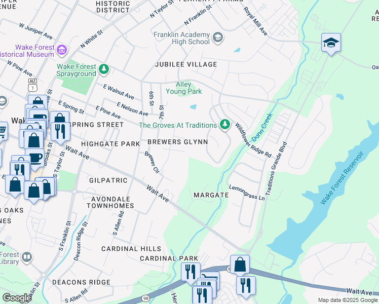 map of restaurants, bars, coffee shops, grocery stores, and more near 829 Brewers Glynn Court in Wake Forest