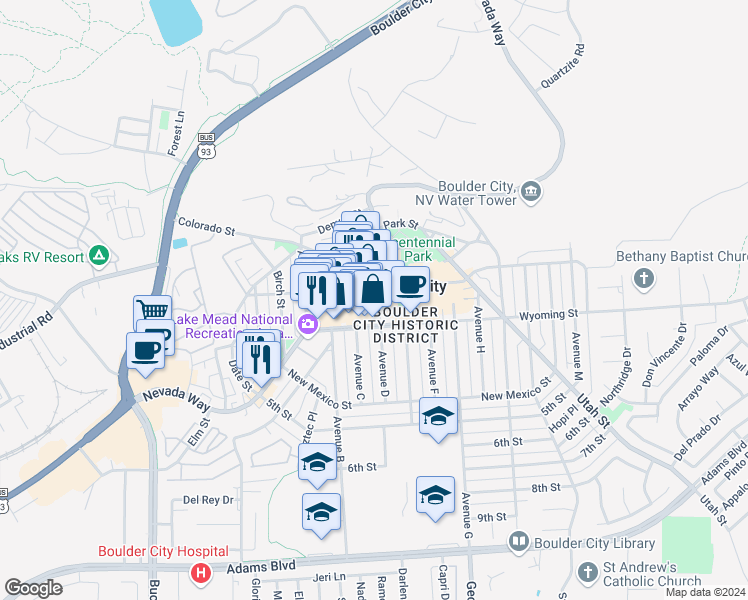 map of restaurants, bars, coffee shops, grocery stores, and more near 1225 Arizona Street in Boulder City