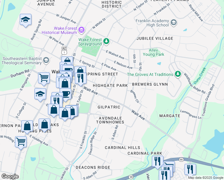 map of restaurants, bars, coffee shops, grocery stores, and more near 116 Highgate Circle in Wake Forest