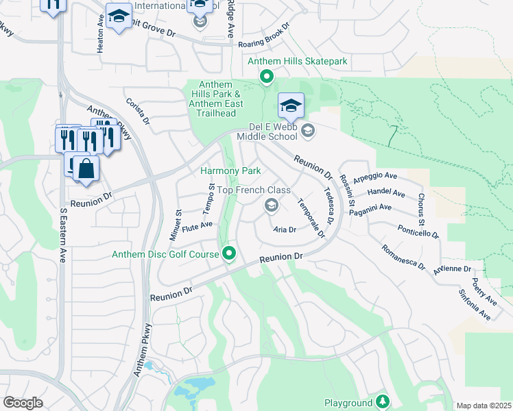 map of restaurants, bars, coffee shops, grocery stores, and more near 2285 Moresca Avenue in Henderson