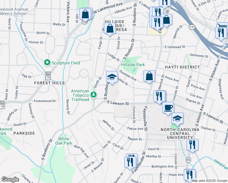 map of restaurants, bars, coffee shops, grocery stores, and more near 1531 S Roxboro St in Durham