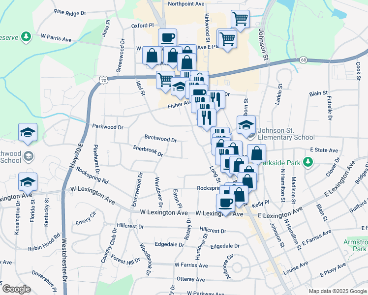 map of restaurants, bars, coffee shops, grocery stores, and more near 1604 Laurel Lane in High Point