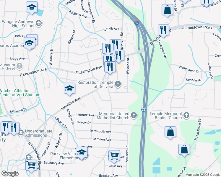 map of restaurants, bars, coffee shops, grocery stores, and more near 1101 Gordon Street in High Point