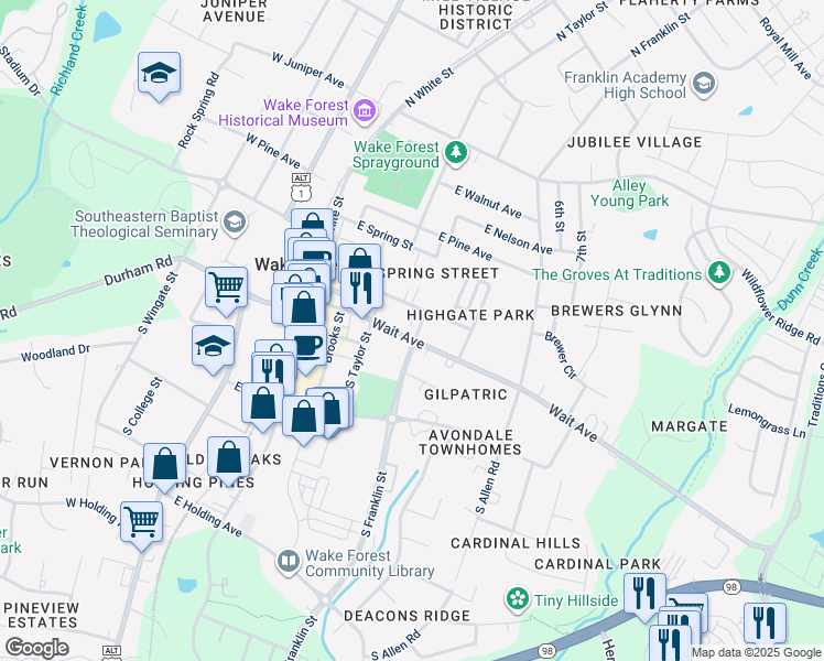 map of restaurants, bars, coffee shops, grocery stores, and more near 435 Wait Avenue in Wake Forest