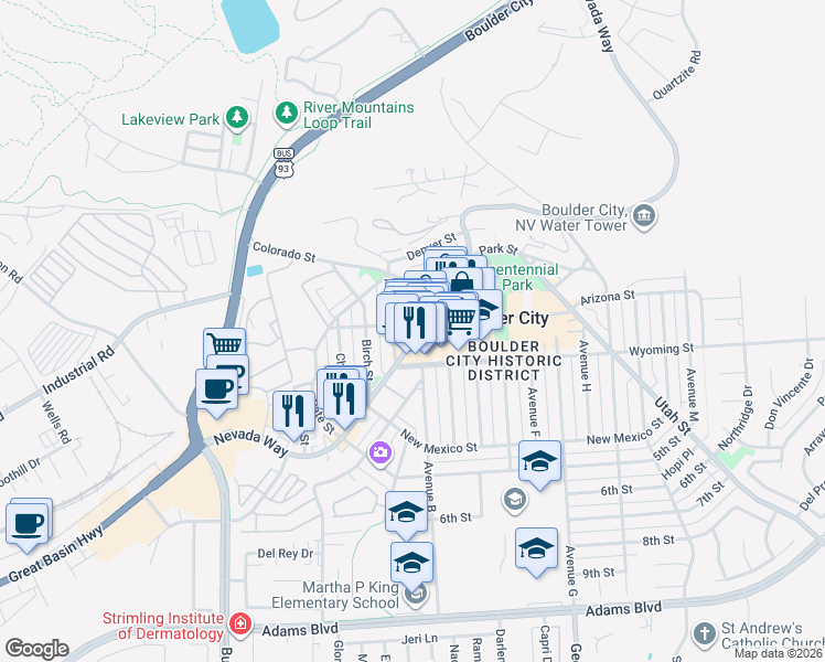 map of restaurants, bars, coffee shops, grocery stores, and more near 508 Nevada Way in Boulder City