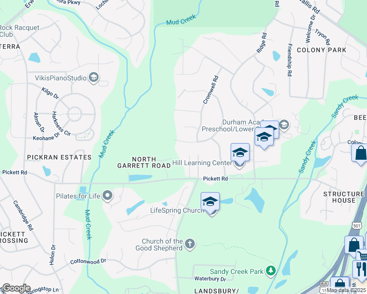 map of restaurants, bars, coffee shops, grocery stores, and more near 3411 Pinafore Drive in Durham