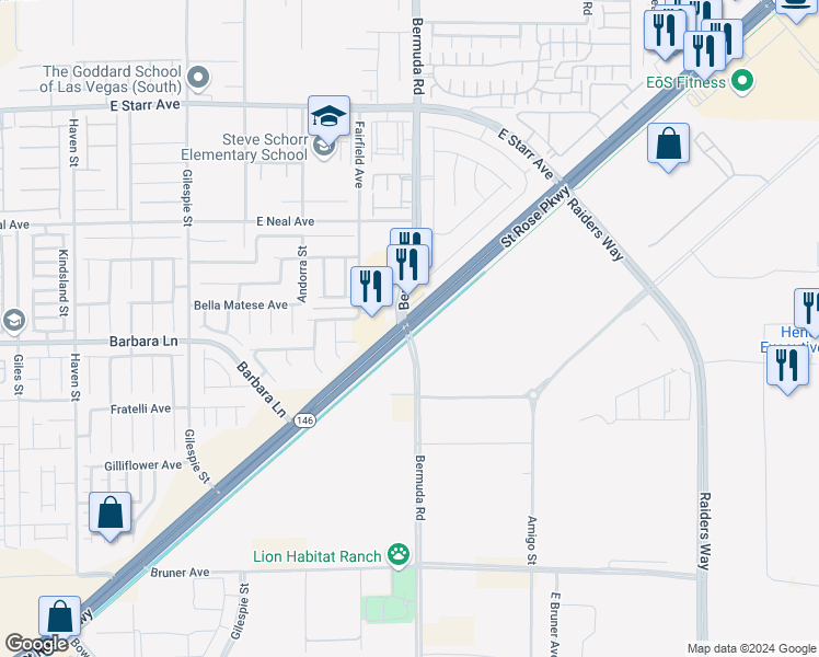 map of restaurants, bars, coffee shops, grocery stores, and more near 404 Saint Rose Parkway in Henderson