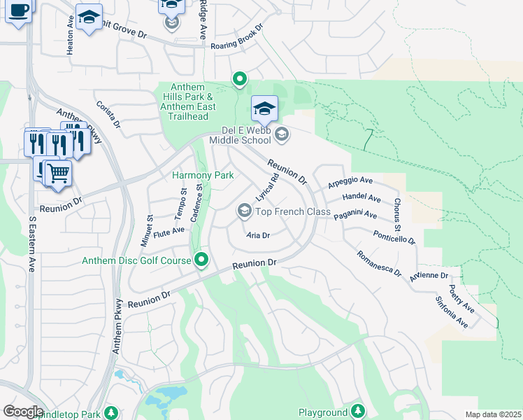 map of restaurants, bars, coffee shops, grocery stores, and more near 1374 Coppelia Court in Henderson