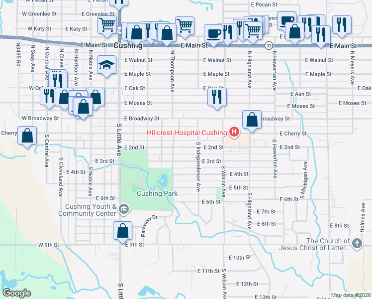 map of restaurants, bars, coffee shops, grocery stores, and more near 827 East 2nd Street in Cushing