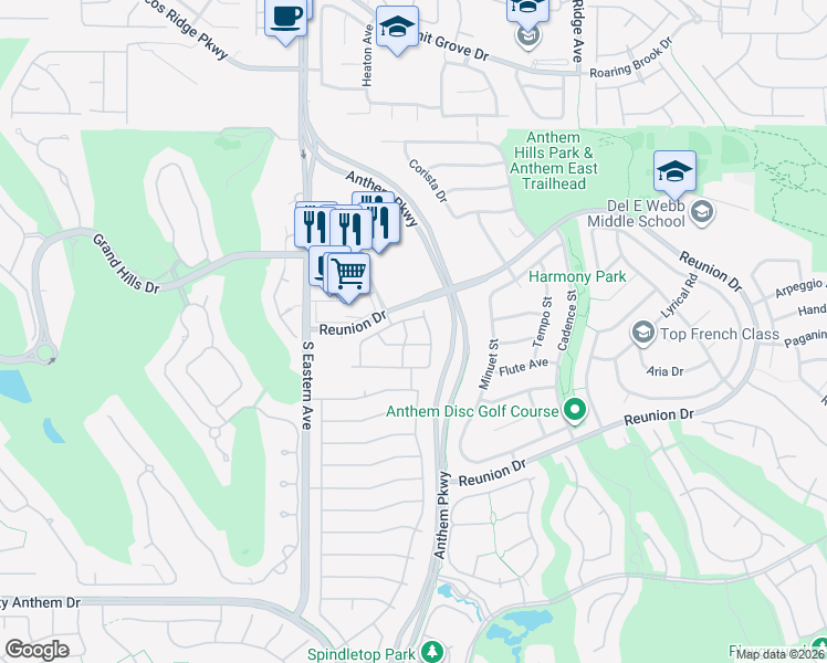 map of restaurants, bars, coffee shops, grocery stores, and more near 1376 Forlana Drive in Henderson