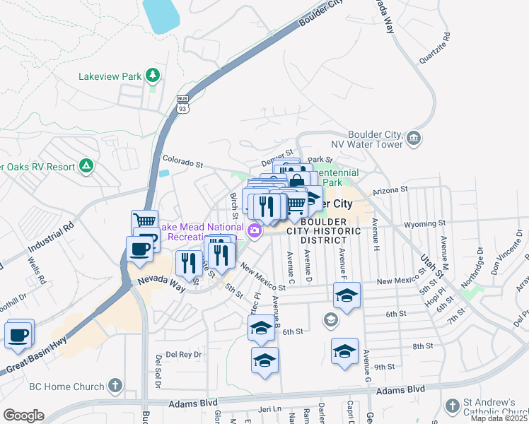 map of restaurants, bars, coffee shops, grocery stores, and more near 534 Nevada Highway in Boulder City