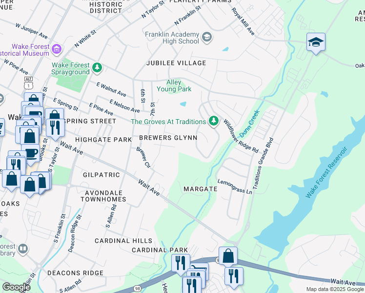 map of restaurants, bars, coffee shops, grocery stores, and more near 829 Brewers Glynn Court in Wake Forest