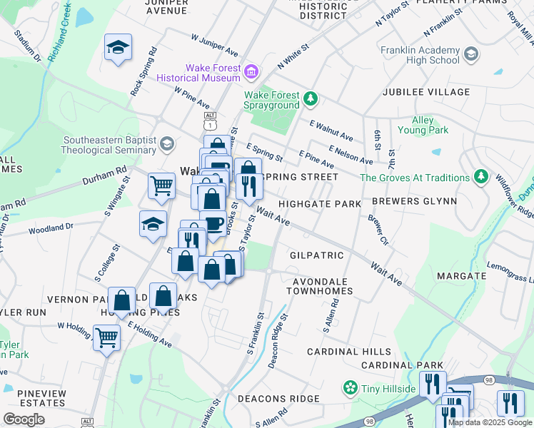 map of restaurants, bars, coffee shops, grocery stores, and more near 414 Wait Avenue in Wake Forest