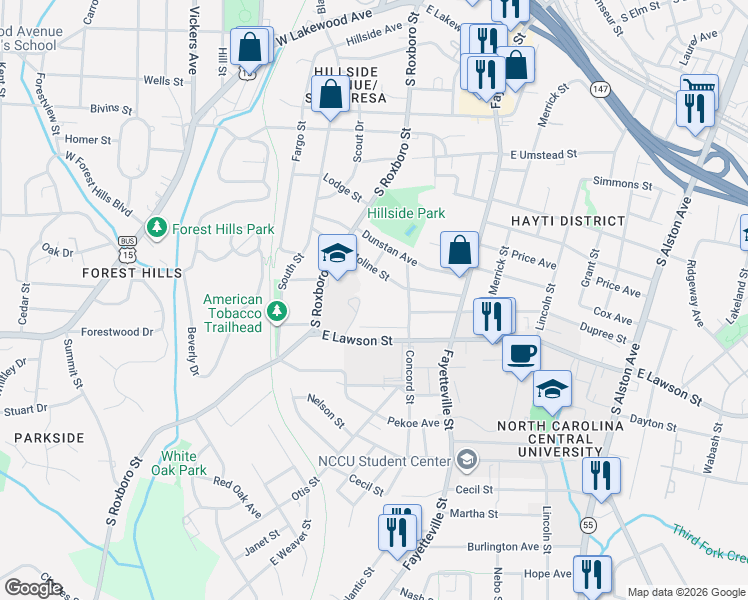 map of restaurants, bars, coffee shops, grocery stores, and more near 203 Bell Street in Durham