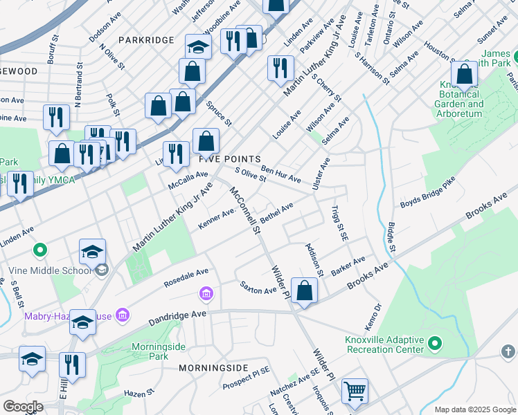 map of restaurants, bars, coffee shops, grocery stores, and more near 410 McConnell Street in Knoxville